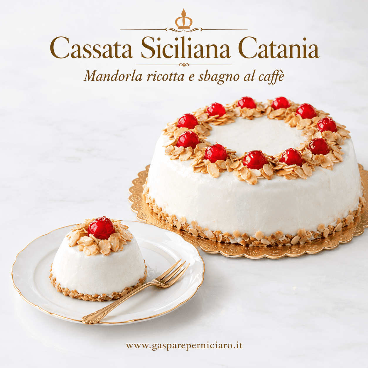 Cassata Siciliana Catania professionale con ricotta, mandorla tostata e sbagno al caffè, monoporzione da 100 g accanto alla torta da 1,5 kg