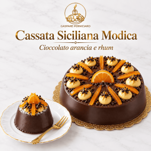 Cassata Siciliana Modica con pasta reale al cioccolato fondente, crema all’arancia siciliana e pan di Spagna al rhum nei formati professionali