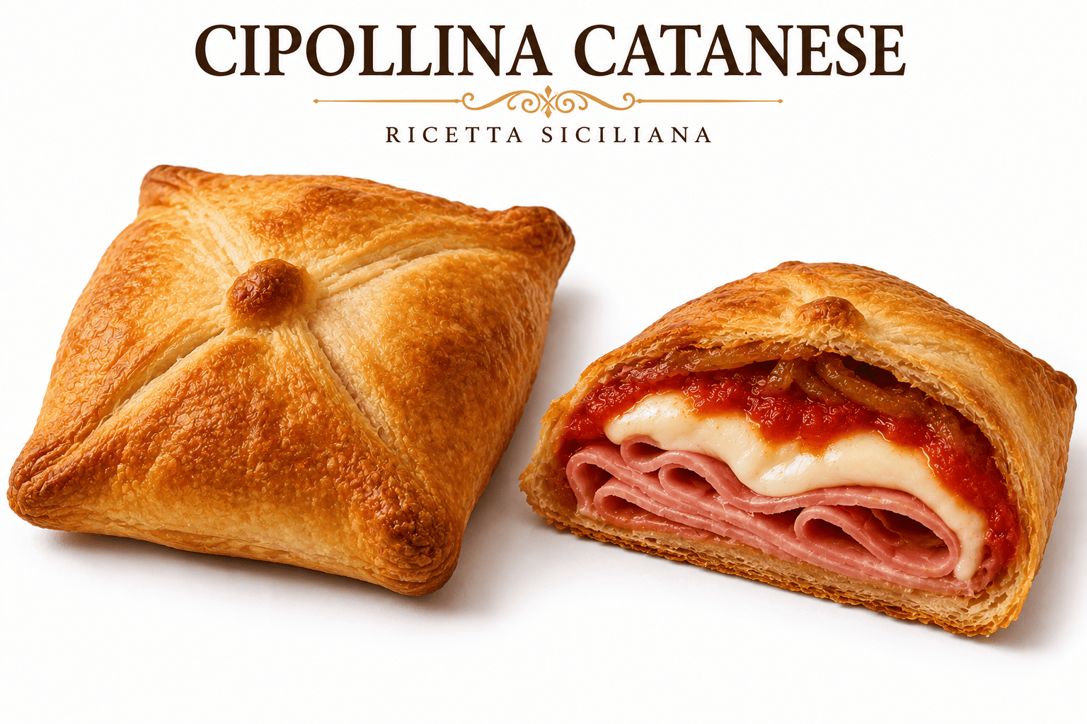 Cipollina tipica Catanese con pasta sfoglia e chiusura tipica a fazzoletto