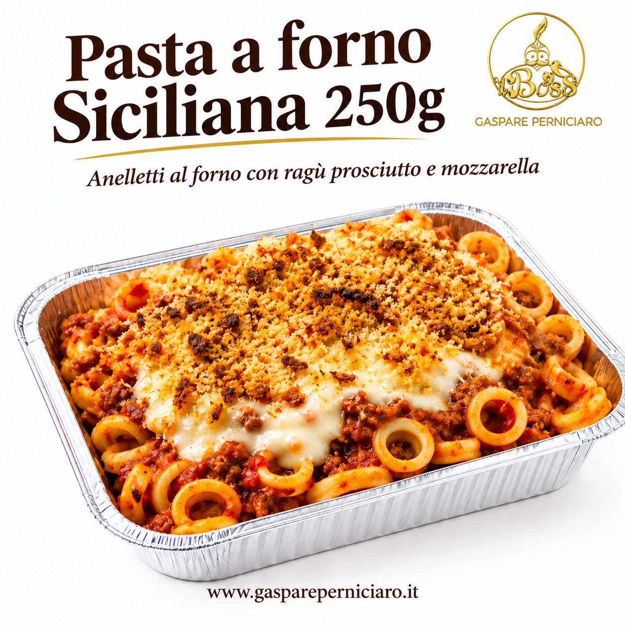 pasta a forno 250 grammi -anelletti con ragù proscciutto e mozzarella