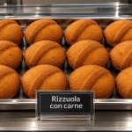 Rizzuole siciliane con carne HORECA disposte in vassoio d’acciaio, specialità di pasta lievitata ripiena di ragù per rivenditori e rosticcerie