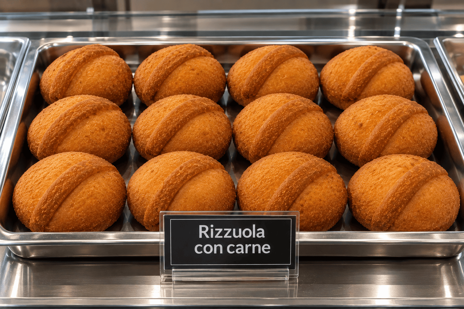 Rizzuole siciliane con carne HORECA disposte in vassoio d’acciaio, specialità di pasta lievitata ripiena di ragù per rivenditori e rosticcerie