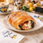 Saccottino alla Norma siciliano per HORECA con melanzana fritta, prosciutto cotto, provola dolce, pomodoro, basilico e sesamo