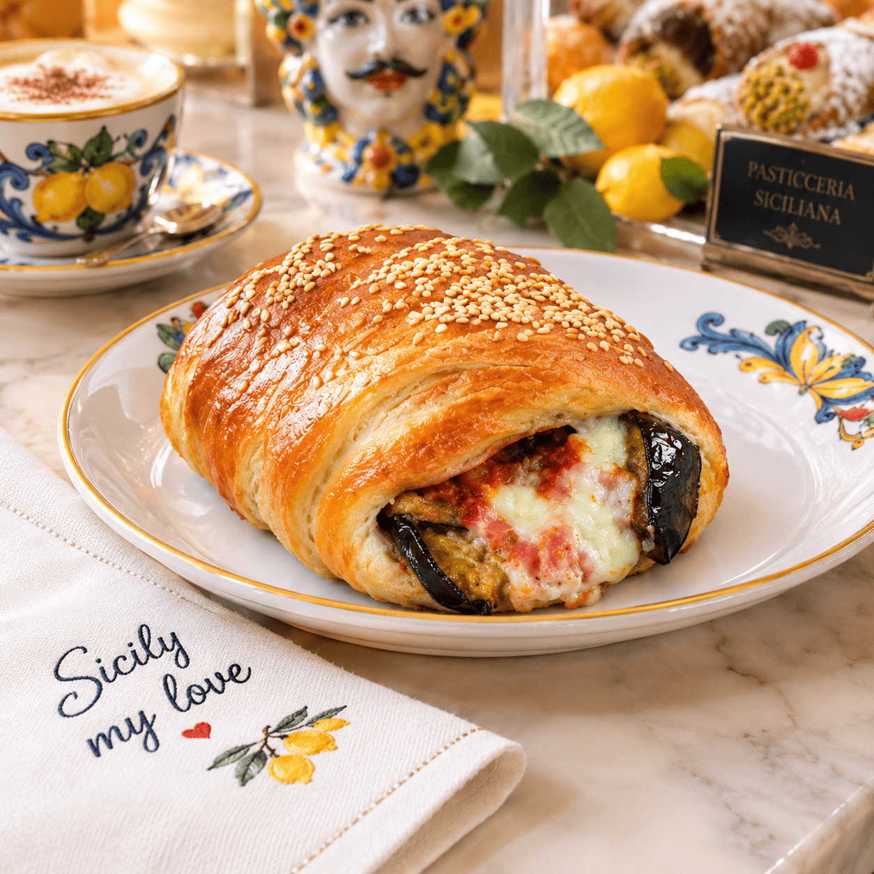 Saccottino alla Norma siciliano per HORECA con melanzana fritta, prosciutto cotto, provola dolce, pomodoro, basilico e sesamo