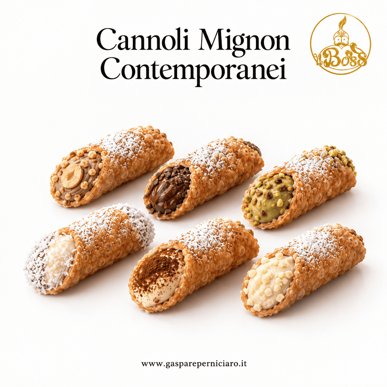 Cannoli mignon contemporanei Goloserie Infinite presentati insieme nelle diverse farciture disponibili, dal pistacchio al cioccolato e agli altri gusti della gamma
