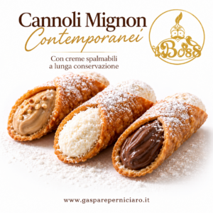 Cannoli mignon contemporanei artigianali in formato da 1 kg per bar e HORECA, con creme assortite e durata commerciale di 120 giorni.