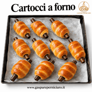 Cartocci siciliani al forno vuoti da farcire, con bastone di legno inserito e disposti sulla teglia prima della farcitura con ricotta, preparati artigianalmente da Il Boss Gaspare Perniciaro.