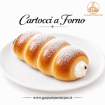 Cartoccio siciliano al forno farcito con ricotta cremosa, fotografato in primo piano. Dolce lievitato della tradizione siciliana, alternativa senza frittura al classico cartoccio fritto, ideale per colazione e merenda.