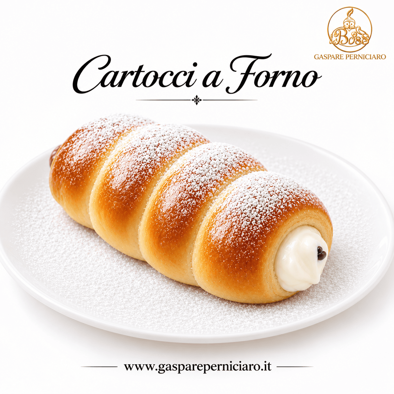 Cartoccio siciliano al forno farcito con ricotta cremosa, fotografato in primo piano. Dolce lievitato della tradizione siciliana, alternativa senza frittura al classico cartoccio fritto, ideale per colazione e merenda.
