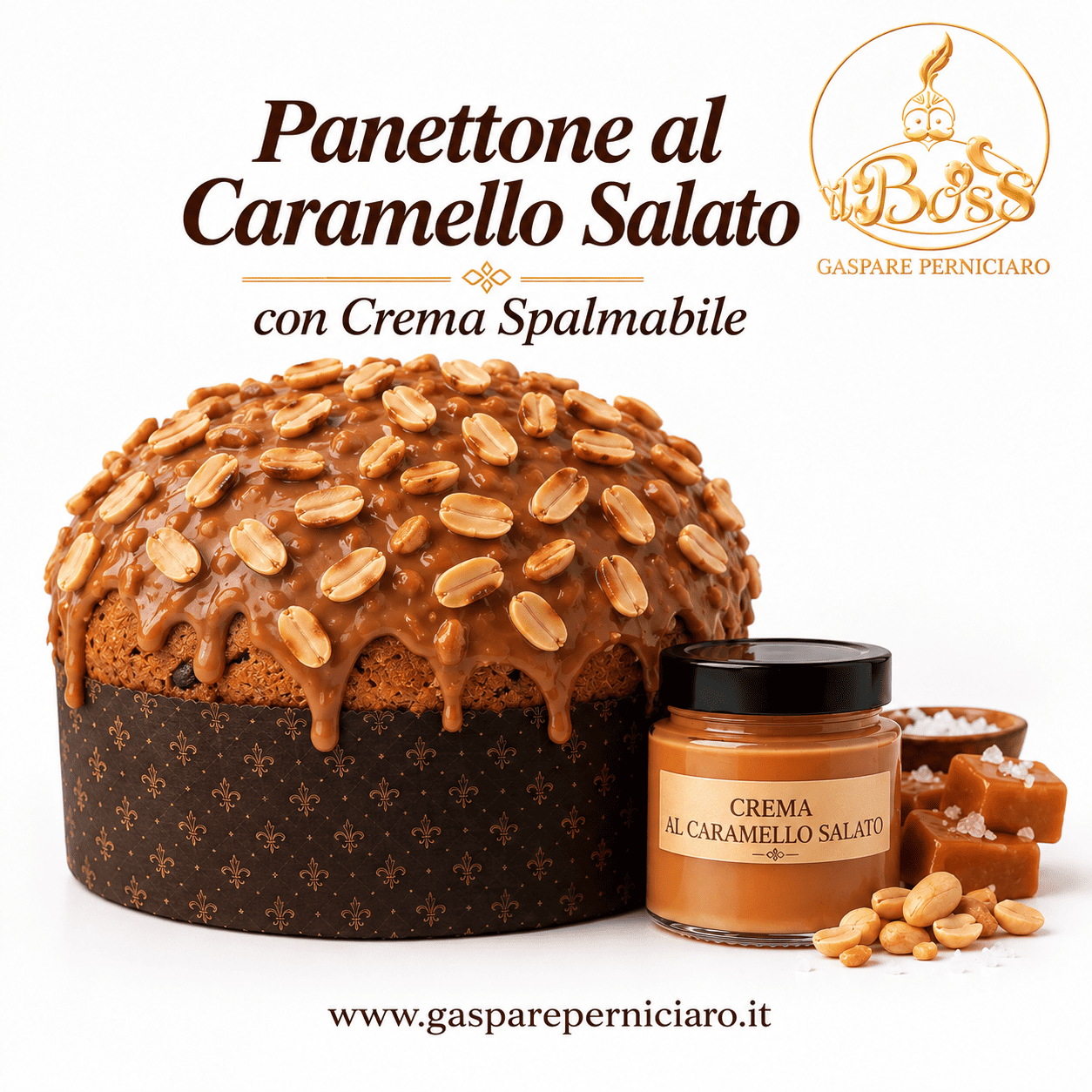 Panettone al Caramello Salato Mou con glassa al cioccolato, arachidi croccanti e vasetto di crema spalmabile, presentato nella confezione artigianale Il Boss Gaspare Perniciaro.