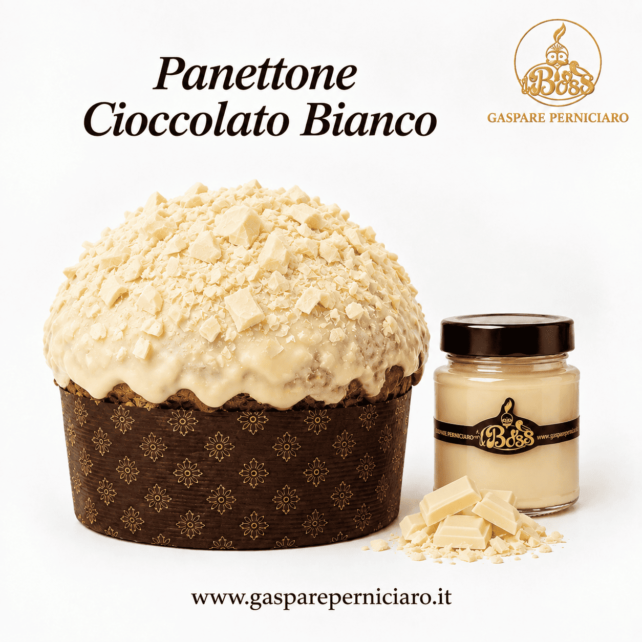 Panettone al Cioccolato Bianco Premium Il Boss Gaspare Perniciaro, grande lievitato natalizio dalla superficie chiara e luminosa con confezione elegante.