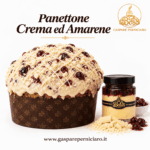 Panettone Crema e Amarene Gaspare Perniciaro con glassa al cioccolato bianco variegata con amarene e vasetto di crema pasticcera