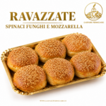 Sei ravazzate al forno da 160 grammi con farcitura di spinaci, funghi e mozzarella, presentate insieme per mostrare la specialità di rosticceria siciliana destinata al banco gastronomia e alla ristorazione.