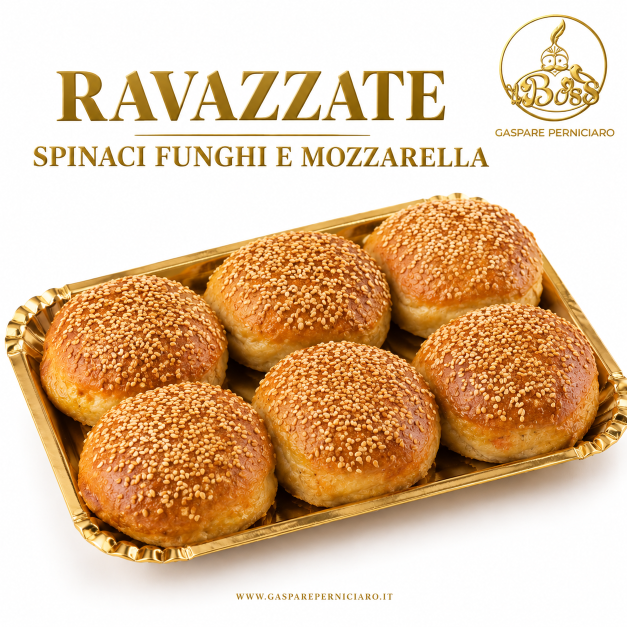 Sei ravazzate al forno da 160 grammi con farcitura di spinaci, funghi e mozzarella, presentate insieme per mostrare la specialità di rosticceria siciliana destinata al banco gastronomia e alla ristorazione.