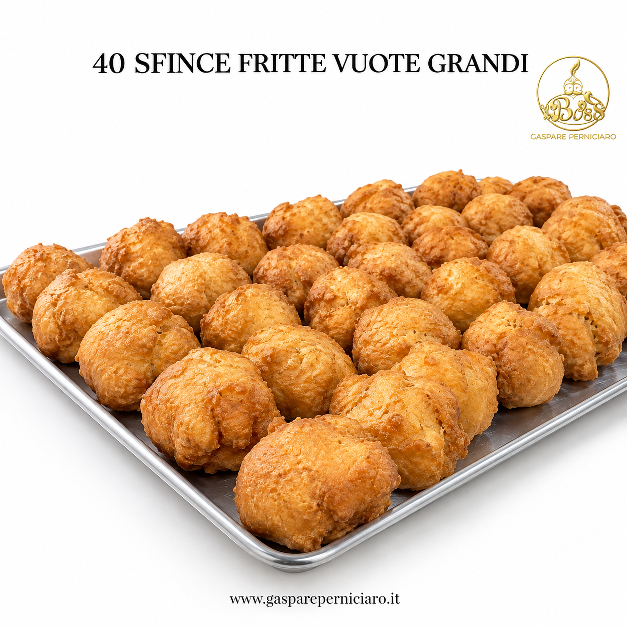 Sfince fritte vuote di San Giuseppe siciliane destinate al settore HORECA, disponibili in formato grande da circa 100 grammi ciascuna o in versione mignon, da farcire prima del servizio.
